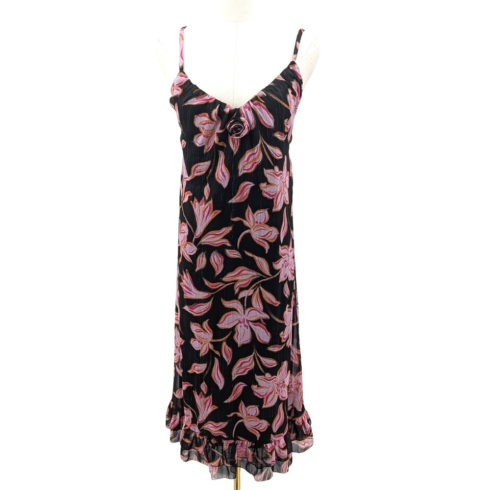 Floral Midi Dress M Black Pink Metallic Chiffon Ruffle Hem Spaghetti Strap Y2K